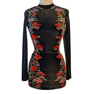 Divided Velvet Dress With Red Rose graphics along sides  S